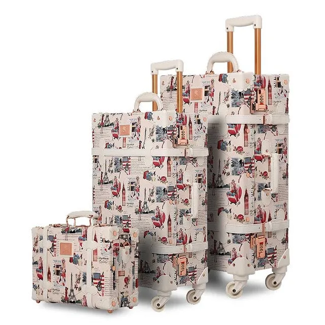 12" 20" 26" 3Pcs Set Fashion Girl Retro Rolling Luggage Bagages Pu Suitcase Trunk Vintage