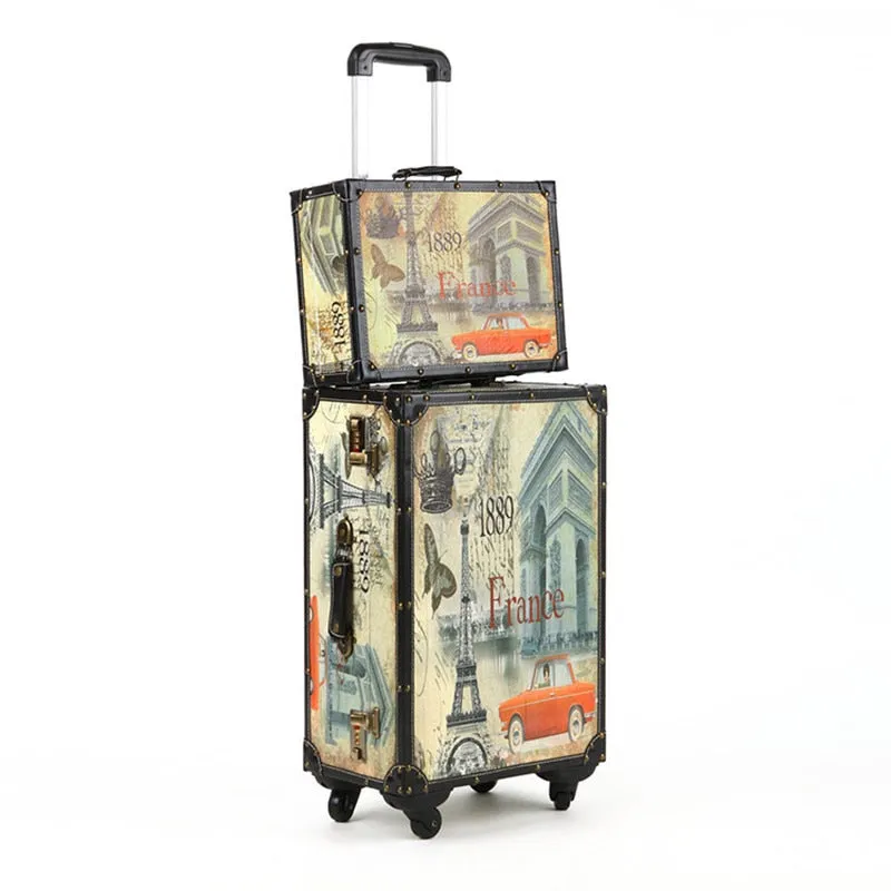 20 24 14 Inch Pu Wood Frame Universal Wheel Rolling Paris Style Carry-Ons Luggage Travel Case