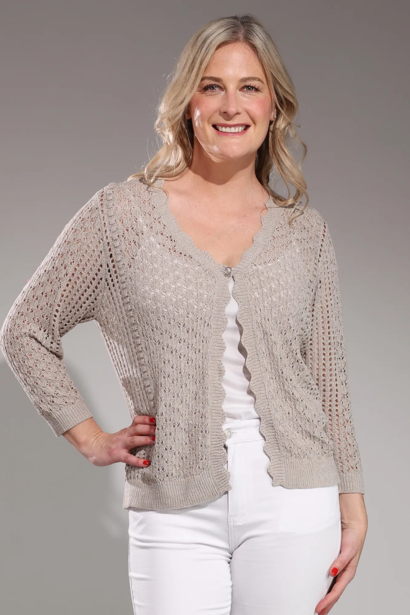 3/4 sleeve Lace Knit Cardigan | SAND | 7311A1