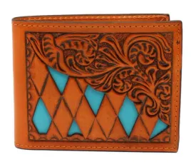 3D Leather Men's Natural Floral Tooled Turquoise Cutout Bifold Wallet DW731