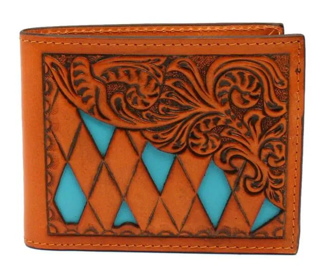 3D Leather Men's Natural Floral Tooled Turquoise Cutout Bifold Wallet DW731