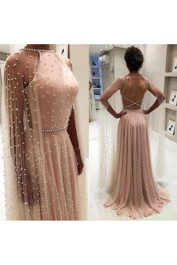 A-Line Backless Cape Sleeve Tulle Pearl Long Prom Dress Ball Gown,DP405