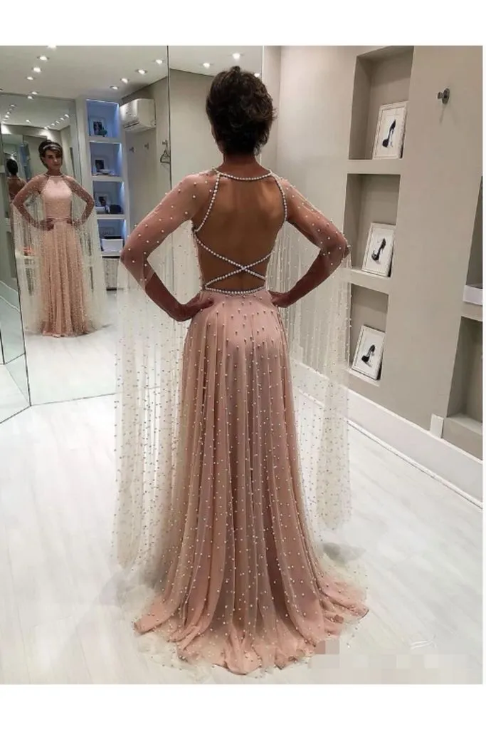 A-Line Backless Cape Sleeve Tulle Pearl Long Prom Dress Ball Gown,DP405