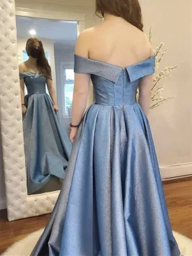 A Line Off Shoulder Blue Satin Long Prom Dresses, Off The Shoulder Blue Satin Long Formal Evening Dresses