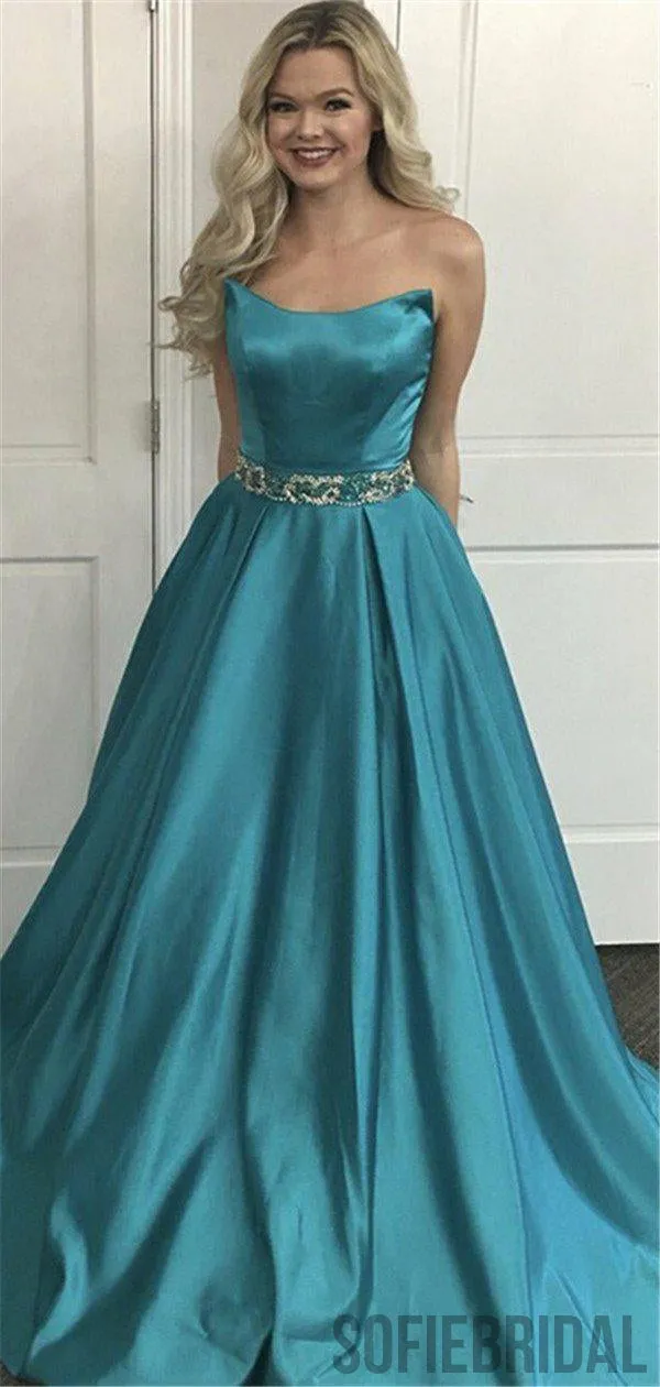 A-line Strapless Simple Cheap Long Prom Dresses With Beading, PD0097