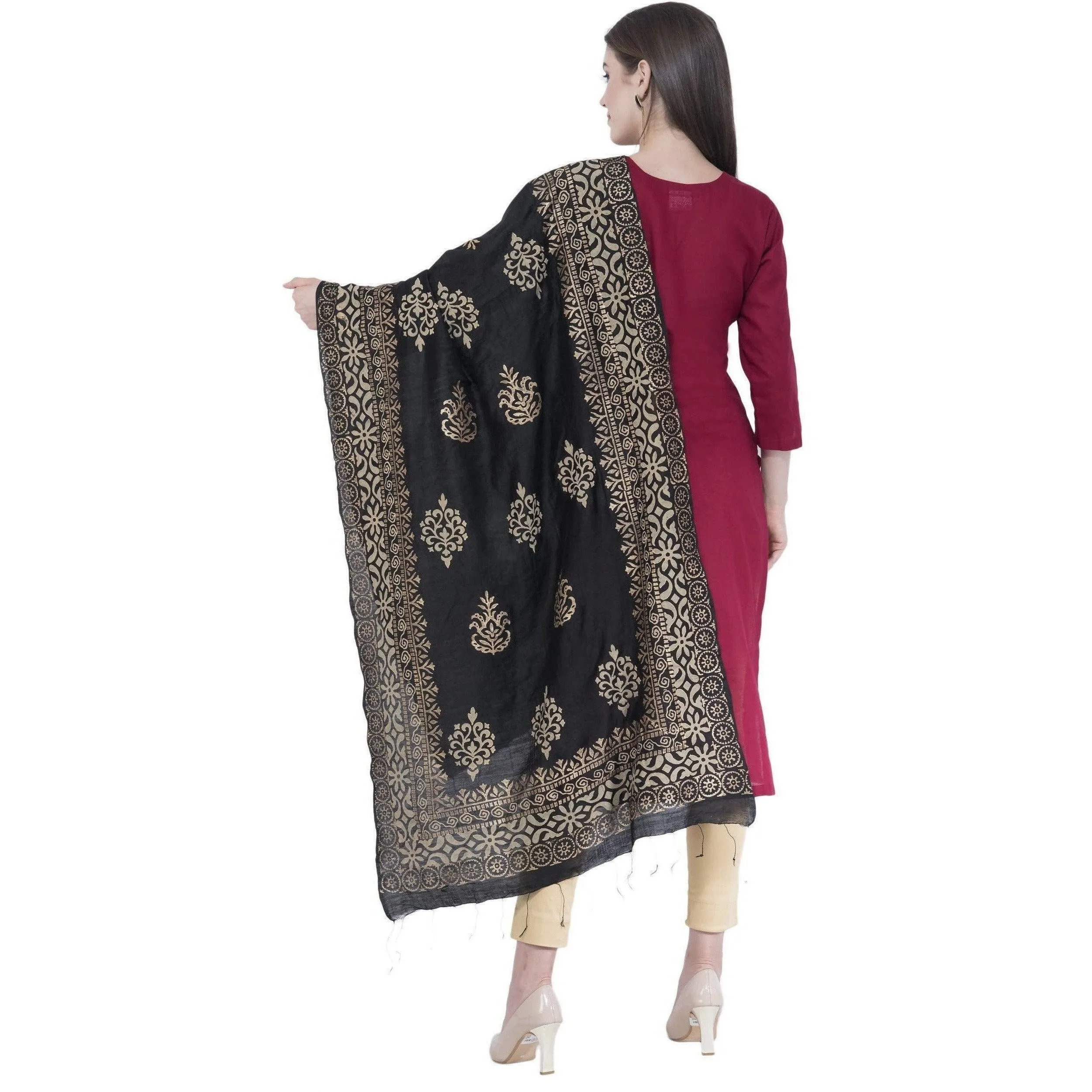 A R Silk Black Color Chanderi Gold Print Dupattas and Chunnis