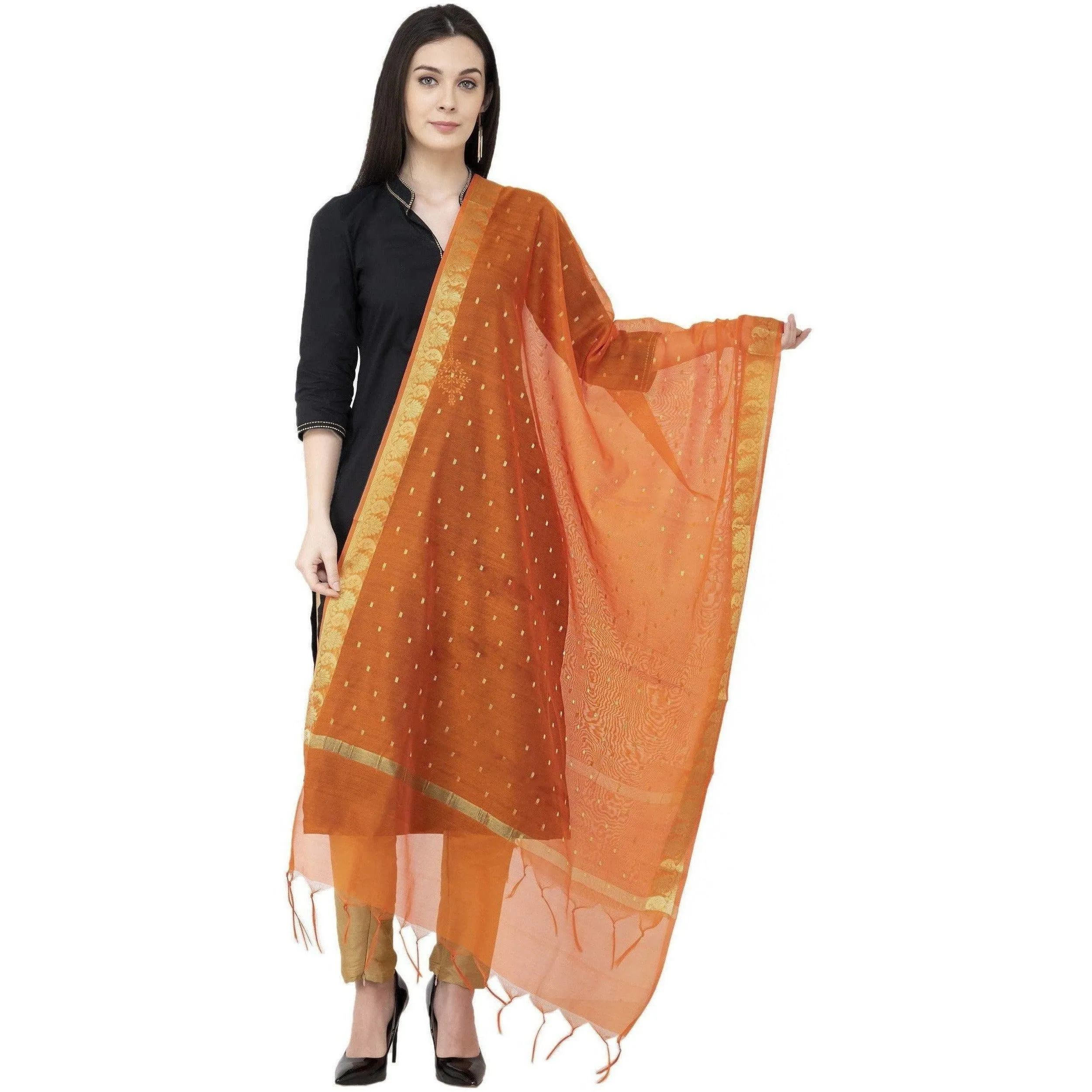 A R Silk VNS Border Buti Fancy Dupatta Orange Color Dupatta or Chunni