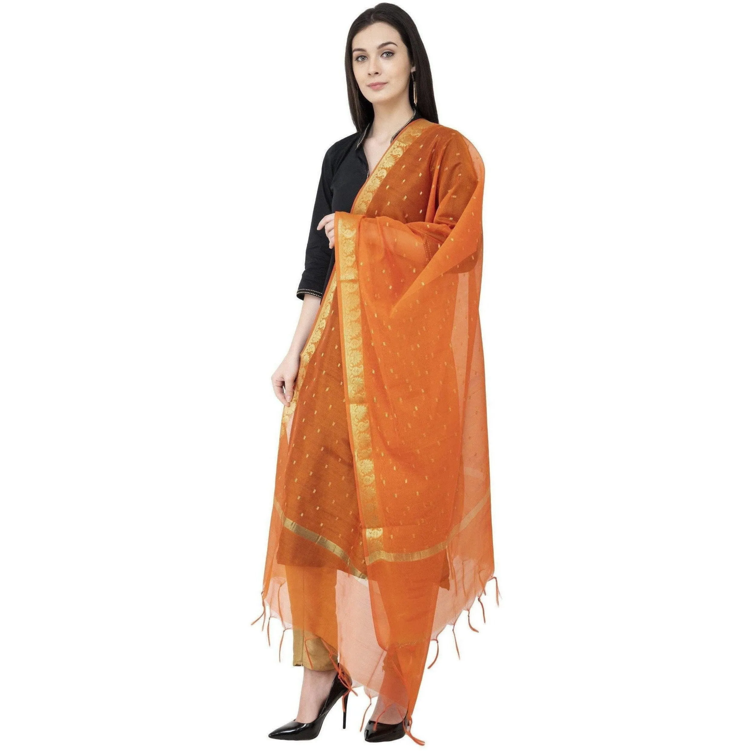 A R Silk VNS Border Buti Fancy Dupatta Orange Color Dupatta or Chunni