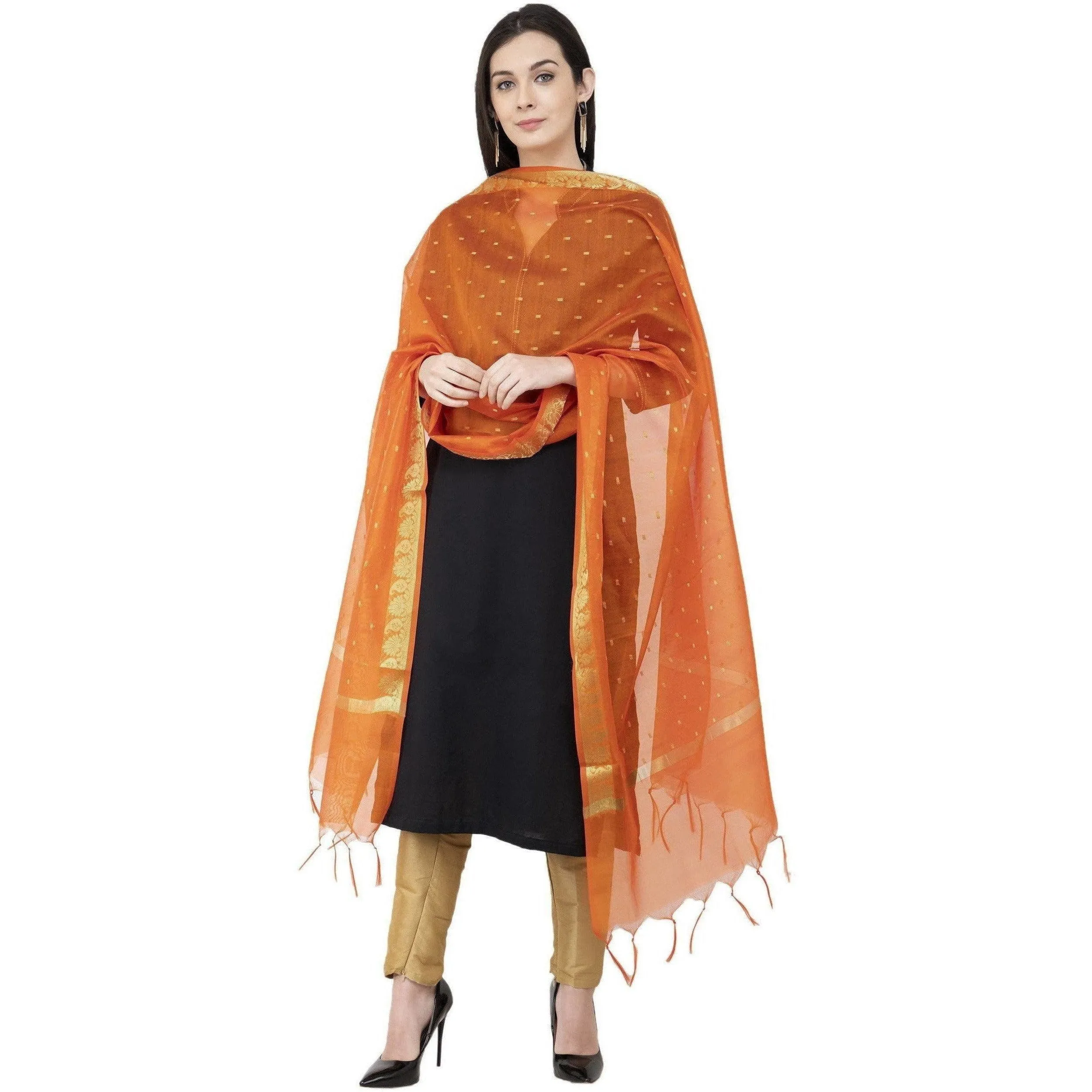 A R Silk VNS Border Buti Fancy Dupatta Orange Color Dupatta or Chunni