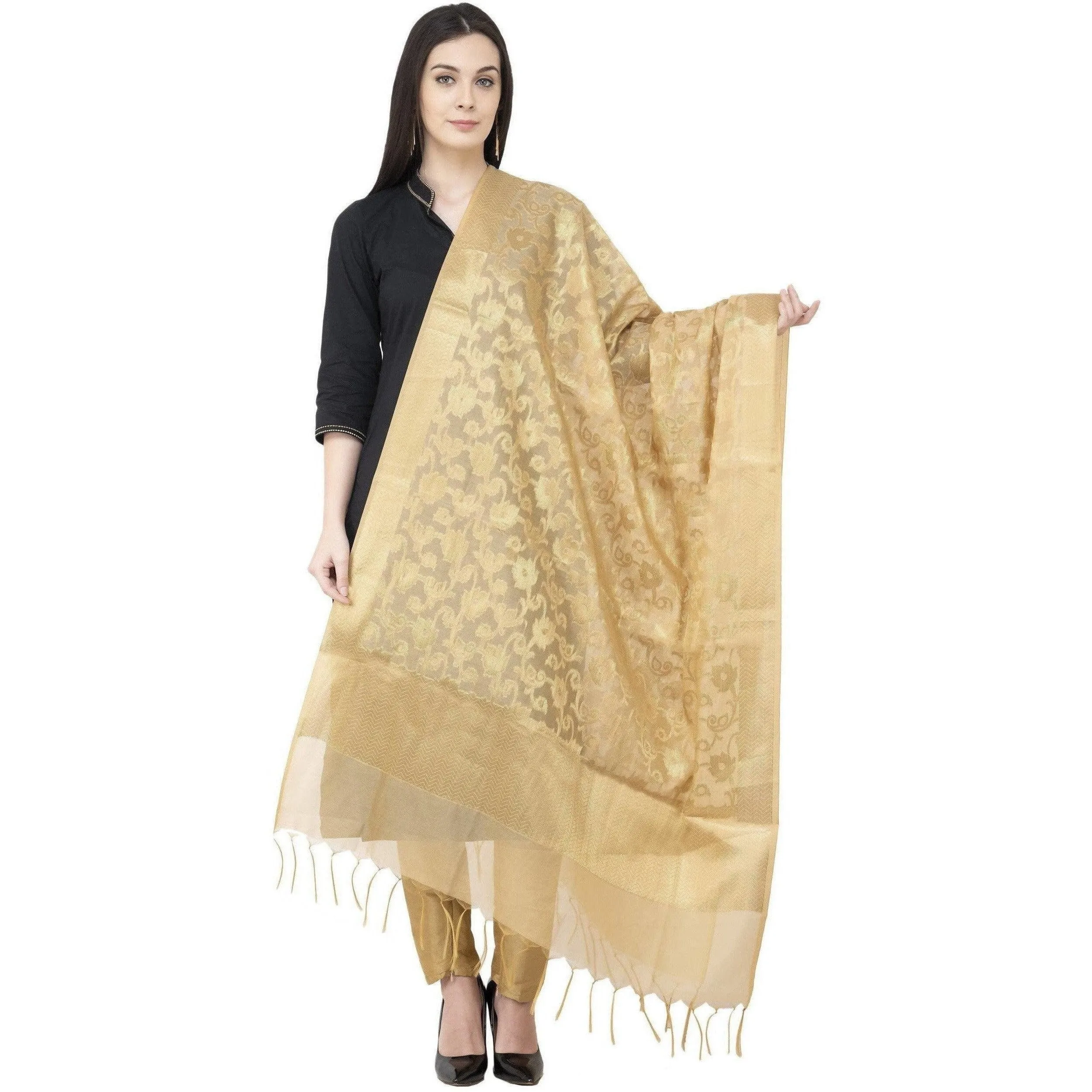 A R Silk VNS Jaal Fancy Dupatta Golden Color Dupatta or Chunni