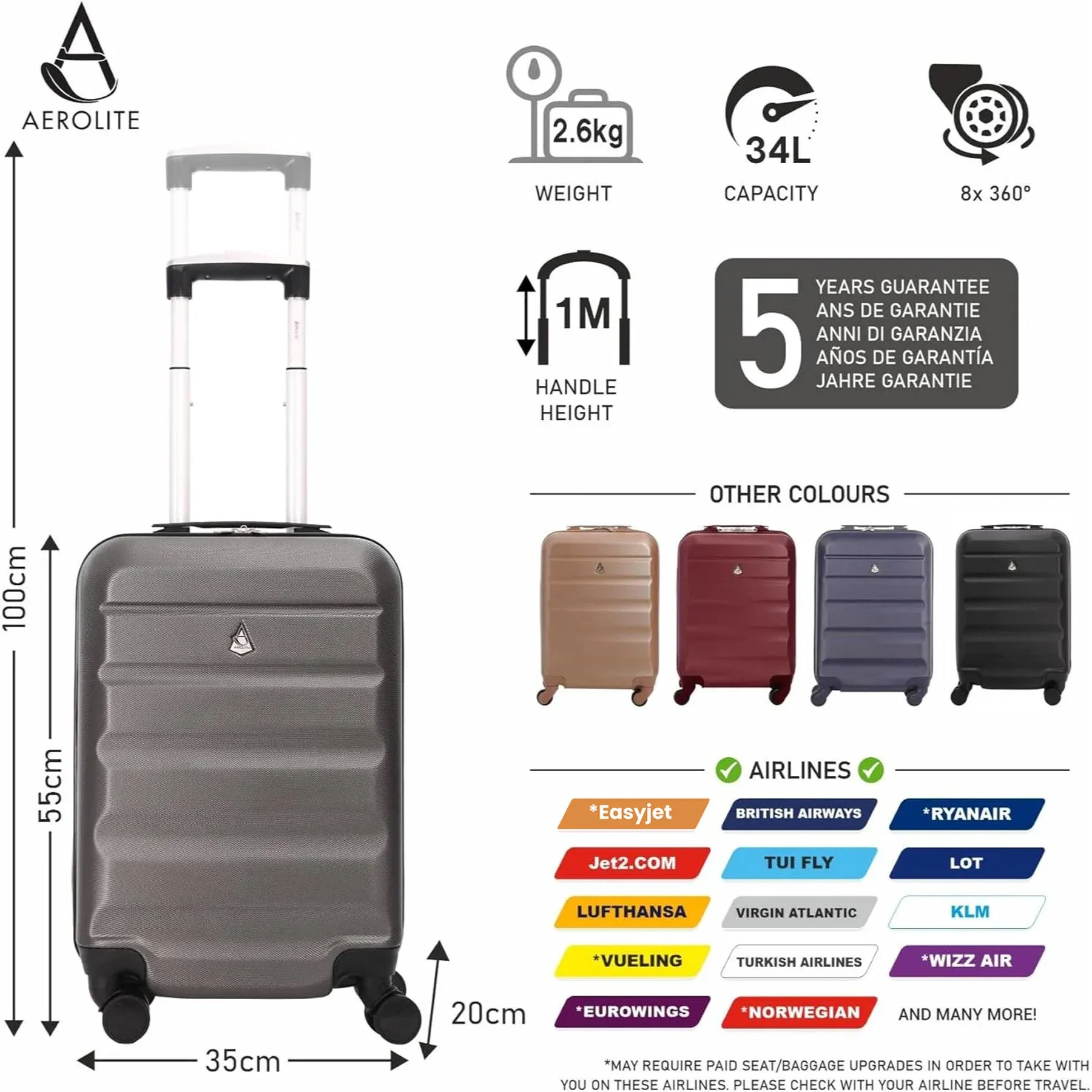 Aerolite 55cm Lightweight Hard Shell 8 Wheels Cabin Suitcase 21" (55x35x20cm), Approved for Ryanair (Priority), easyJet Plus, British Airways, Virgin Atlantic, Jet2 and More