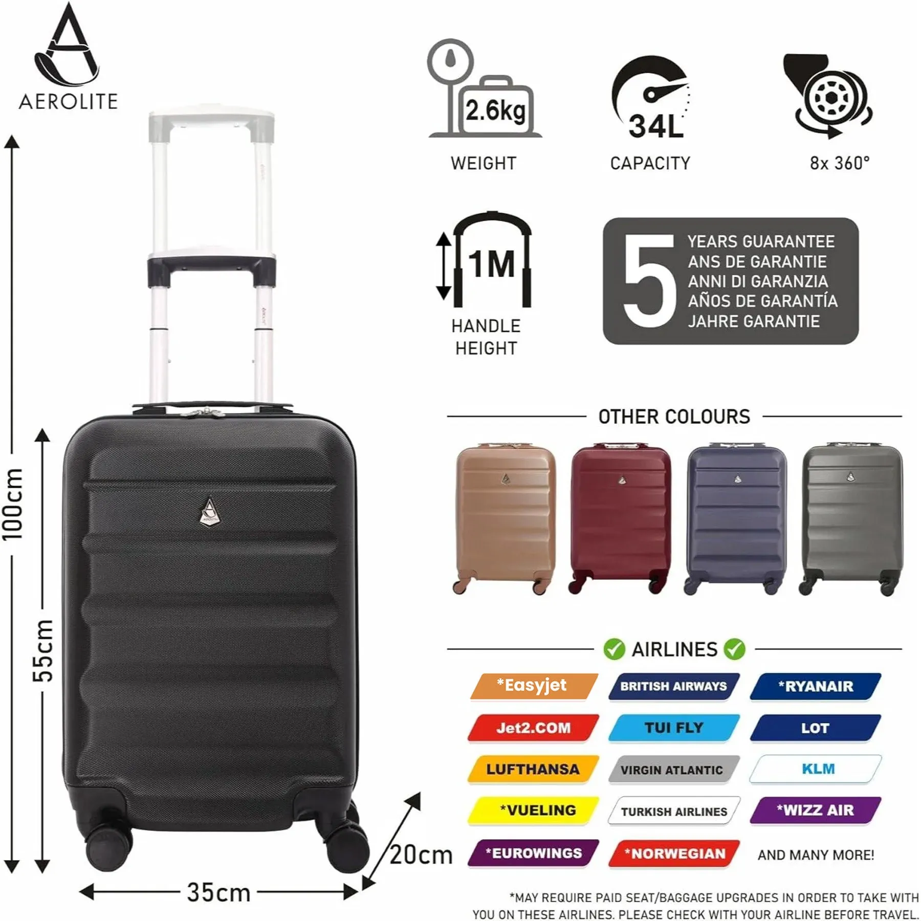 Aerolite 55cm Lightweight Hard Shell 8 Wheels Cabin Suitcase 21" (55x35x20cm), Approved for Ryanair (Priority), easyJet Plus, British Airways, Virgin Atlantic, Jet2 and More