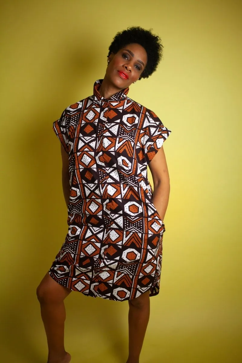 African Dress In Earthy Mud Cloth