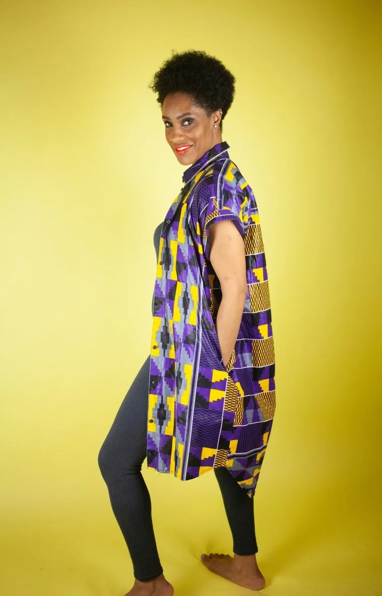 African Print Dress In Purple Kente