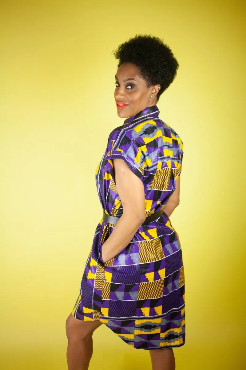 African Print Dress In Purple Kente