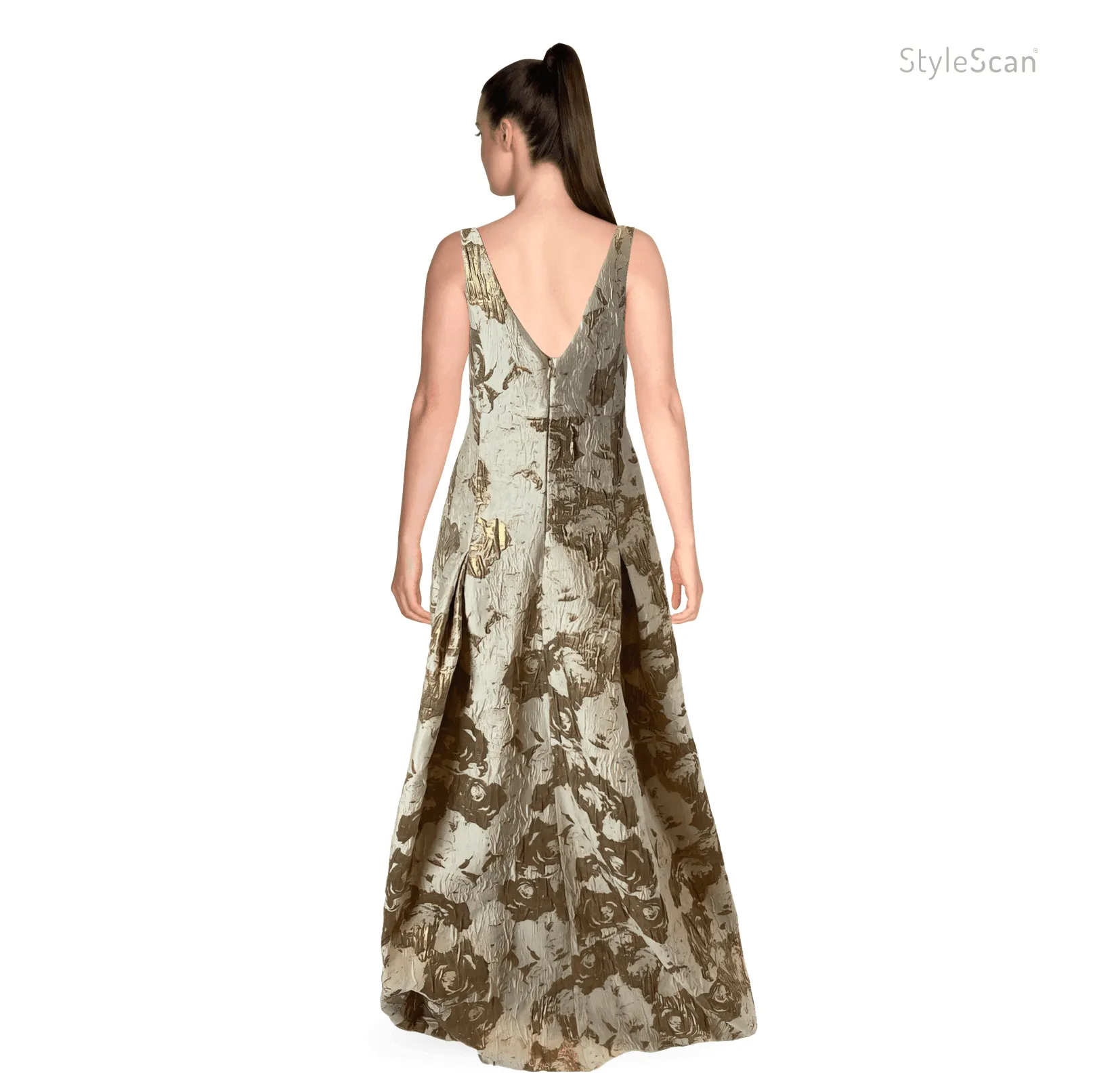 AIDAN MATTOX Neutral Printed Long Gown with Gold Brocade Accents | Size US 10