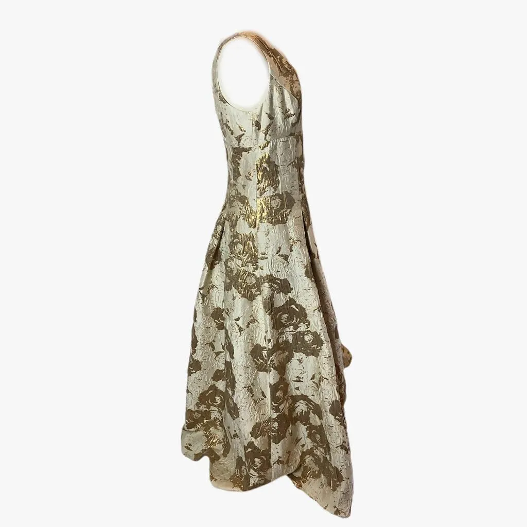 AIDAN MATTOX Neutral Printed Long Gown with Gold Brocade Accents | Size US 10