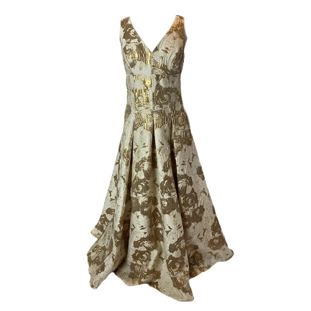 AIDAN MATTOX Neutral Printed Long Gown with Gold Brocade Accents | Size US 10