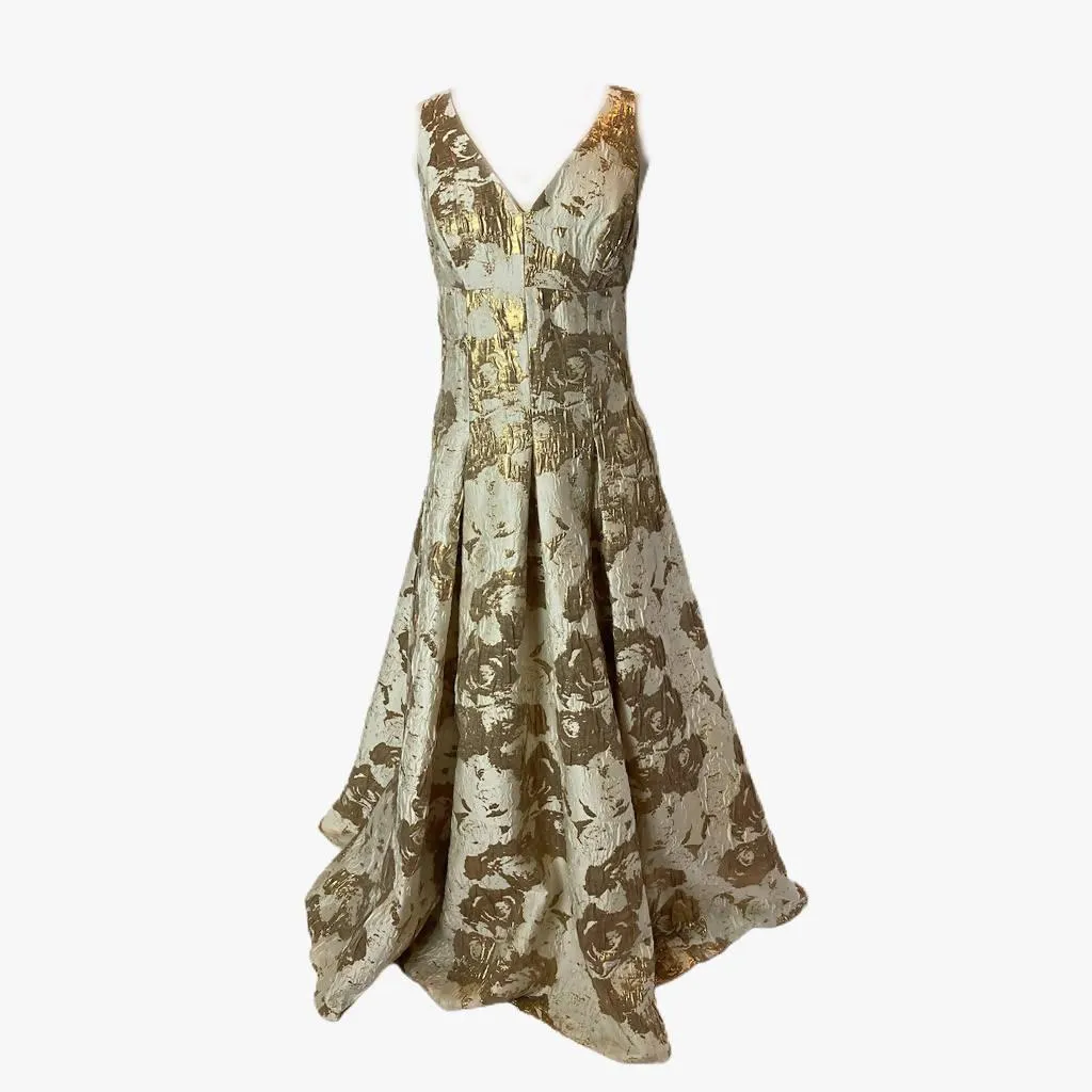 AIDAN MATTOX Neutral Printed Long Gown with Gold Brocade Accents | Size US 10