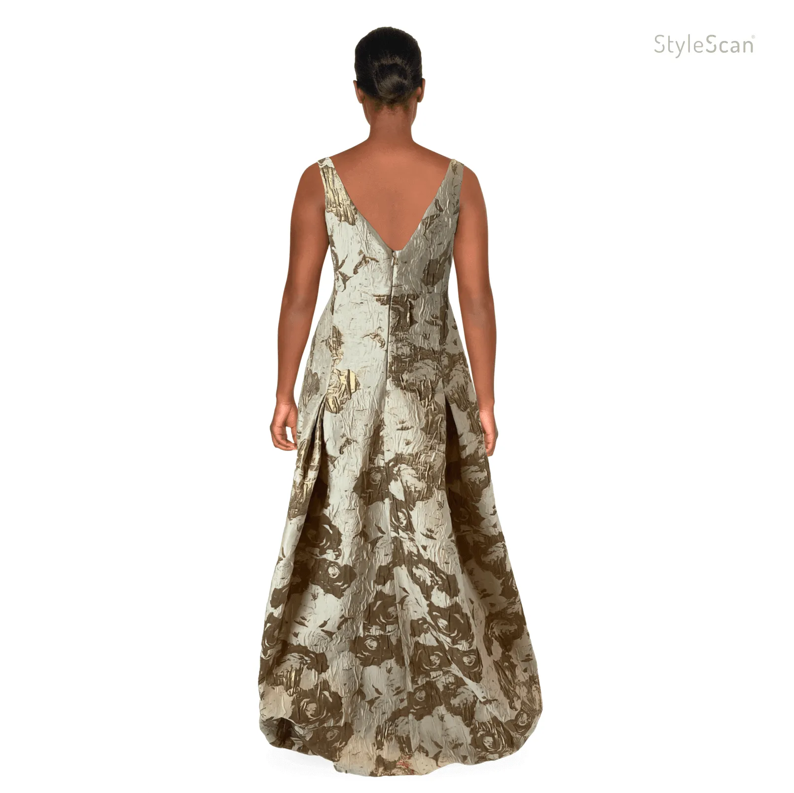 AIDAN MATTOX Neutral Printed Long Gown with Gold Brocade Accents | Size US 10