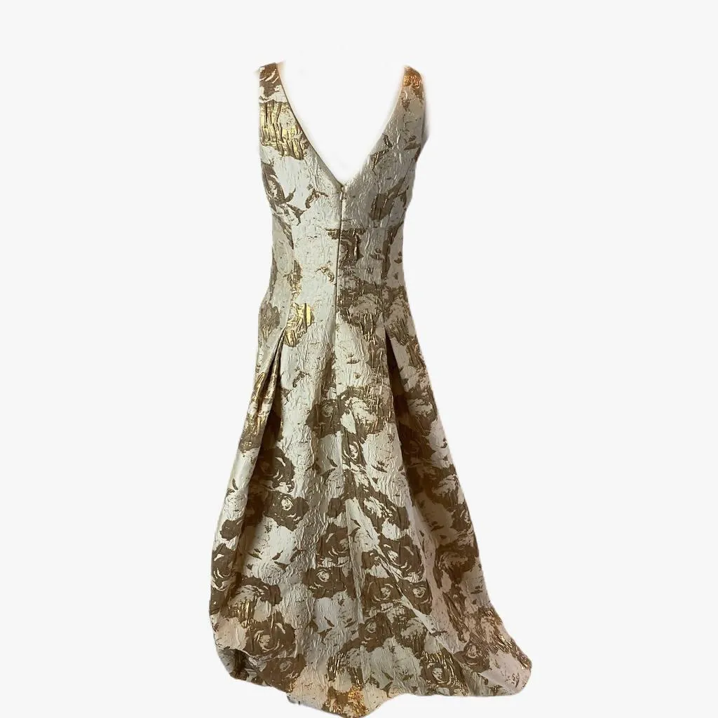 AIDAN MATTOX Neutral Printed Long Gown with Gold Brocade Accents | Size US 10