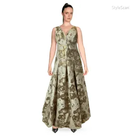 AIDAN MATTOX Neutral Printed Long Gown with Gold Brocade Accents | Size US 10