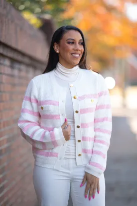 AKA Pink and White Striped Cardigan