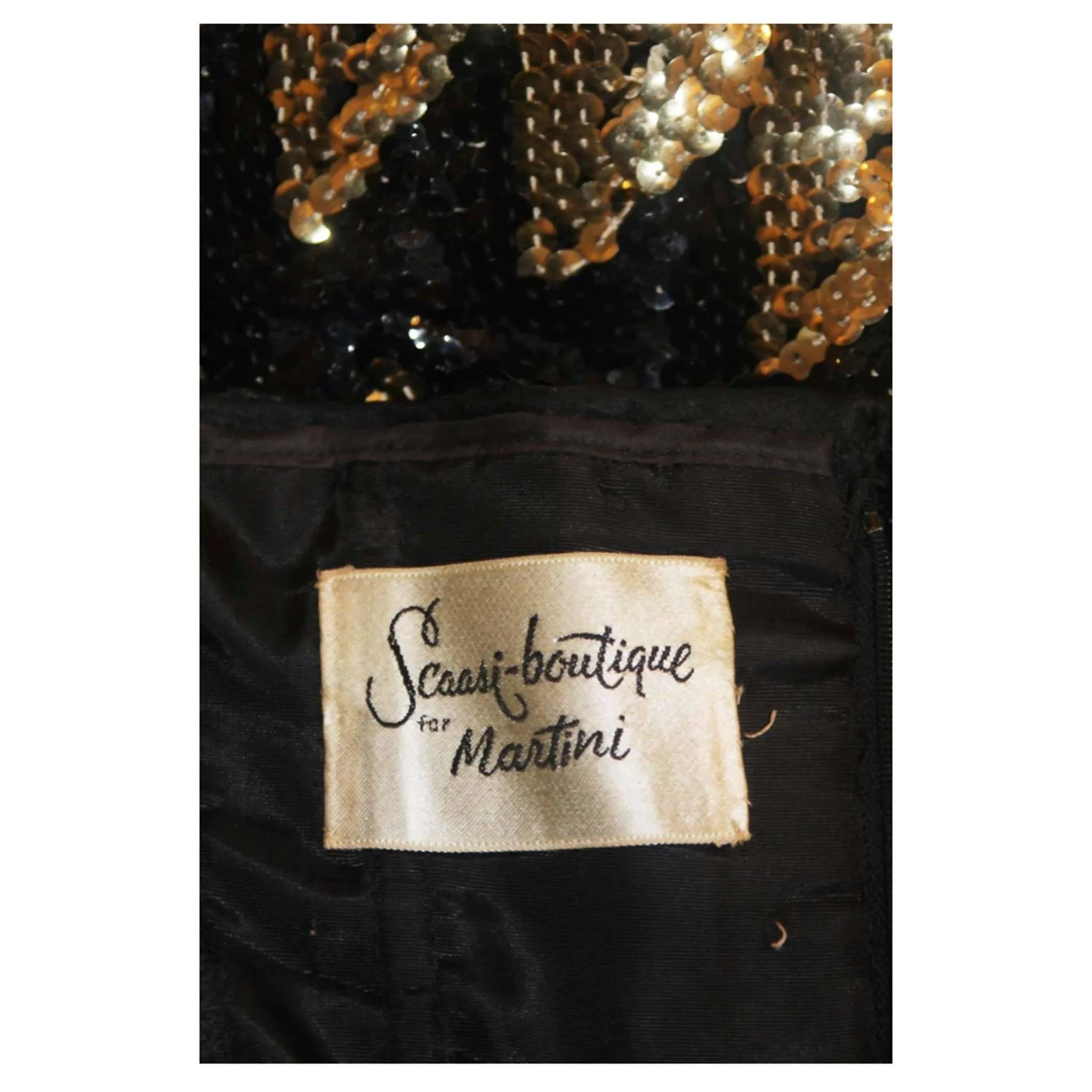 Arnold Scaasi Strapless Black and Gold Knit Sequin Gown | US 2-4