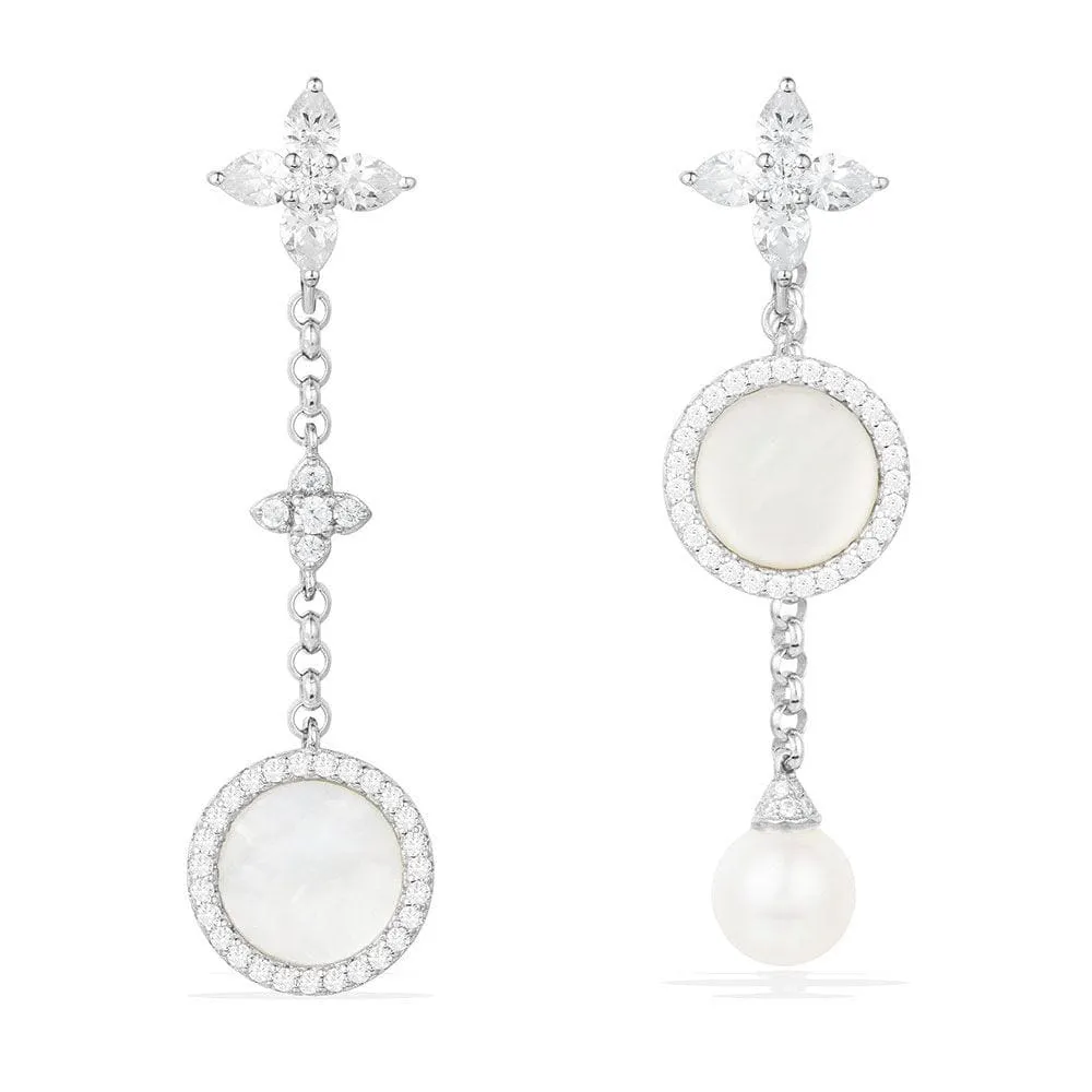 Asymmetric White Nacre and Pearl Drop Earrings