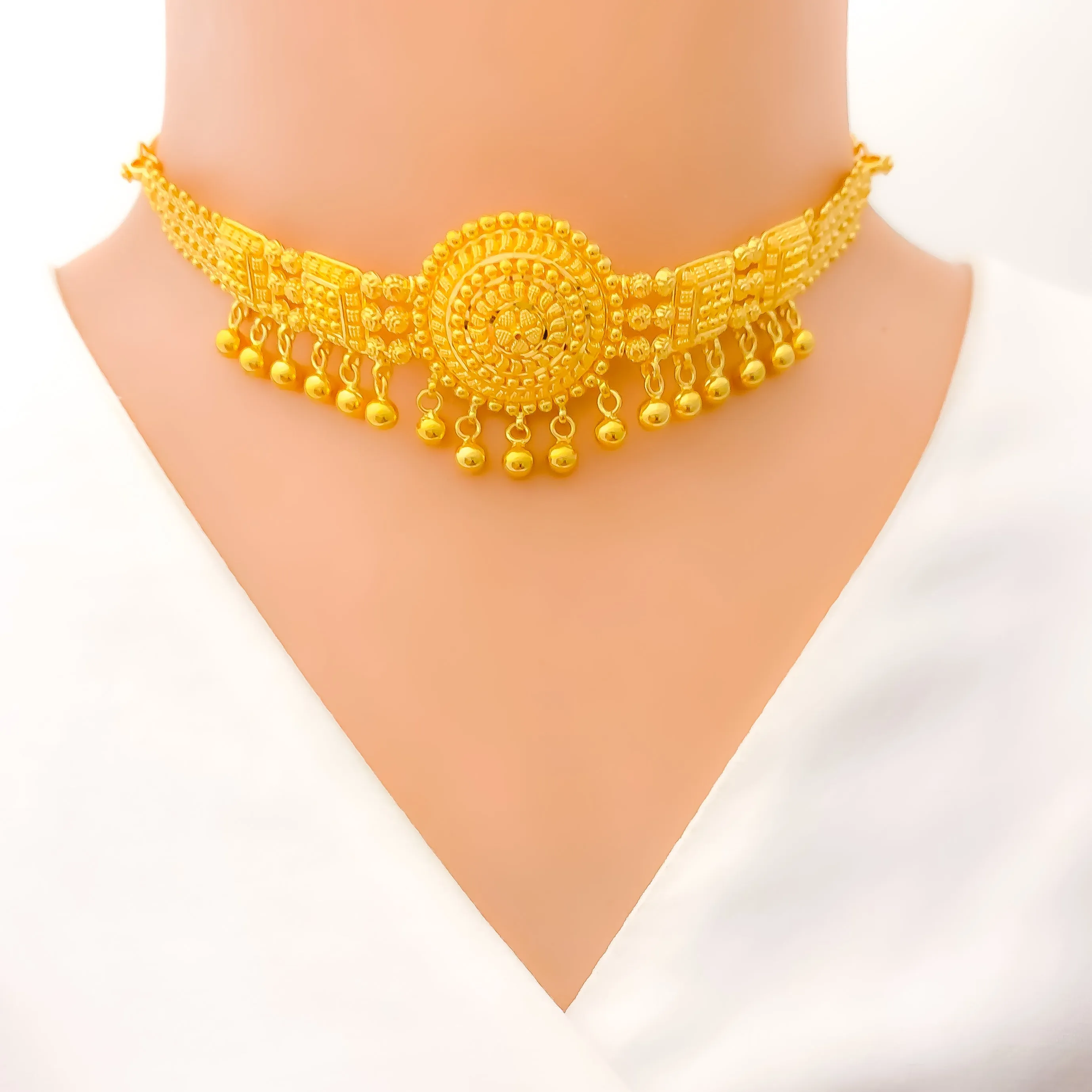 Attractive Floral Dome 22k Gold Choker w/ Beaded Tassels 1