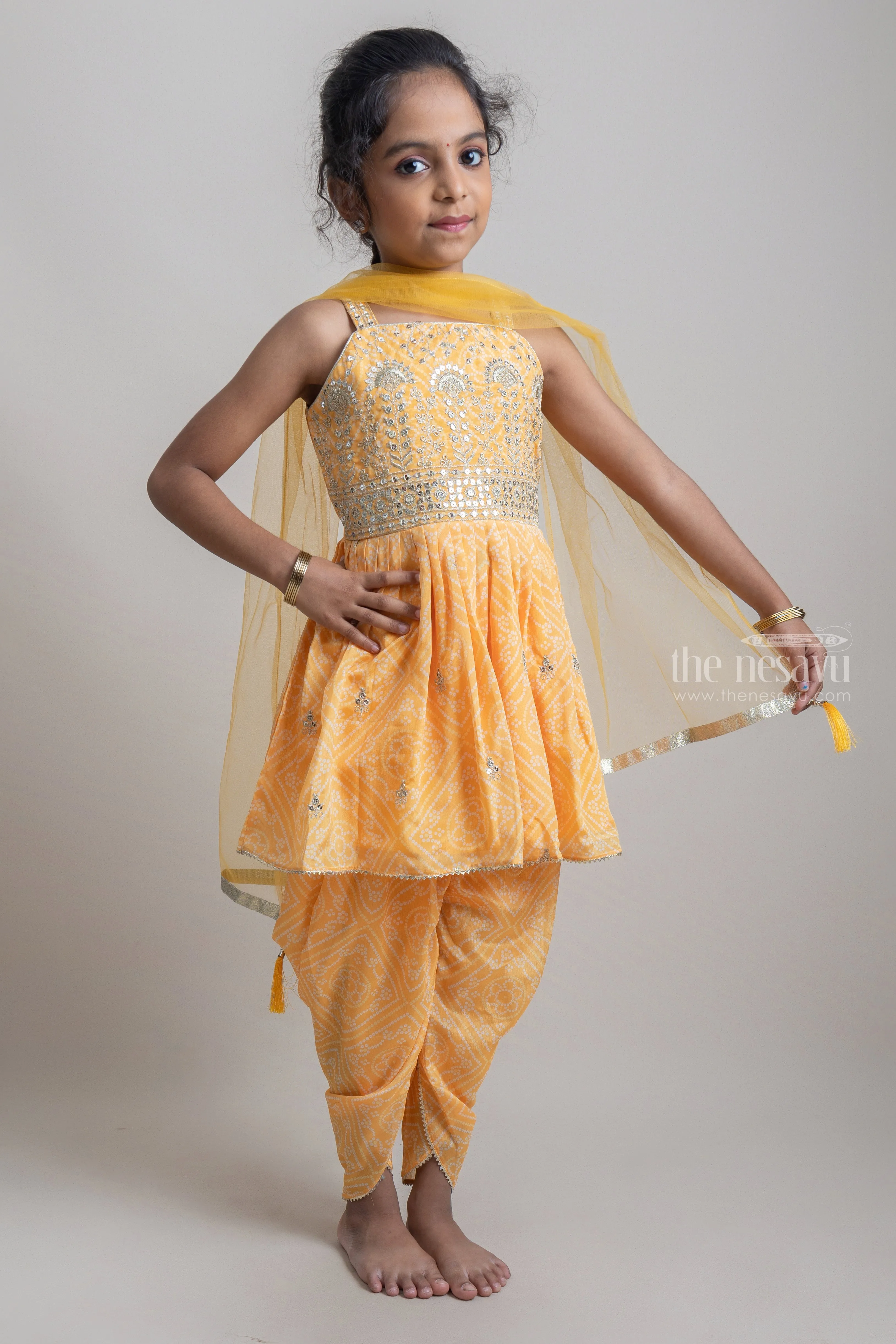 Attractive Yellow Floral Printed Sequin Embroidered Palazzo Suit For Girls