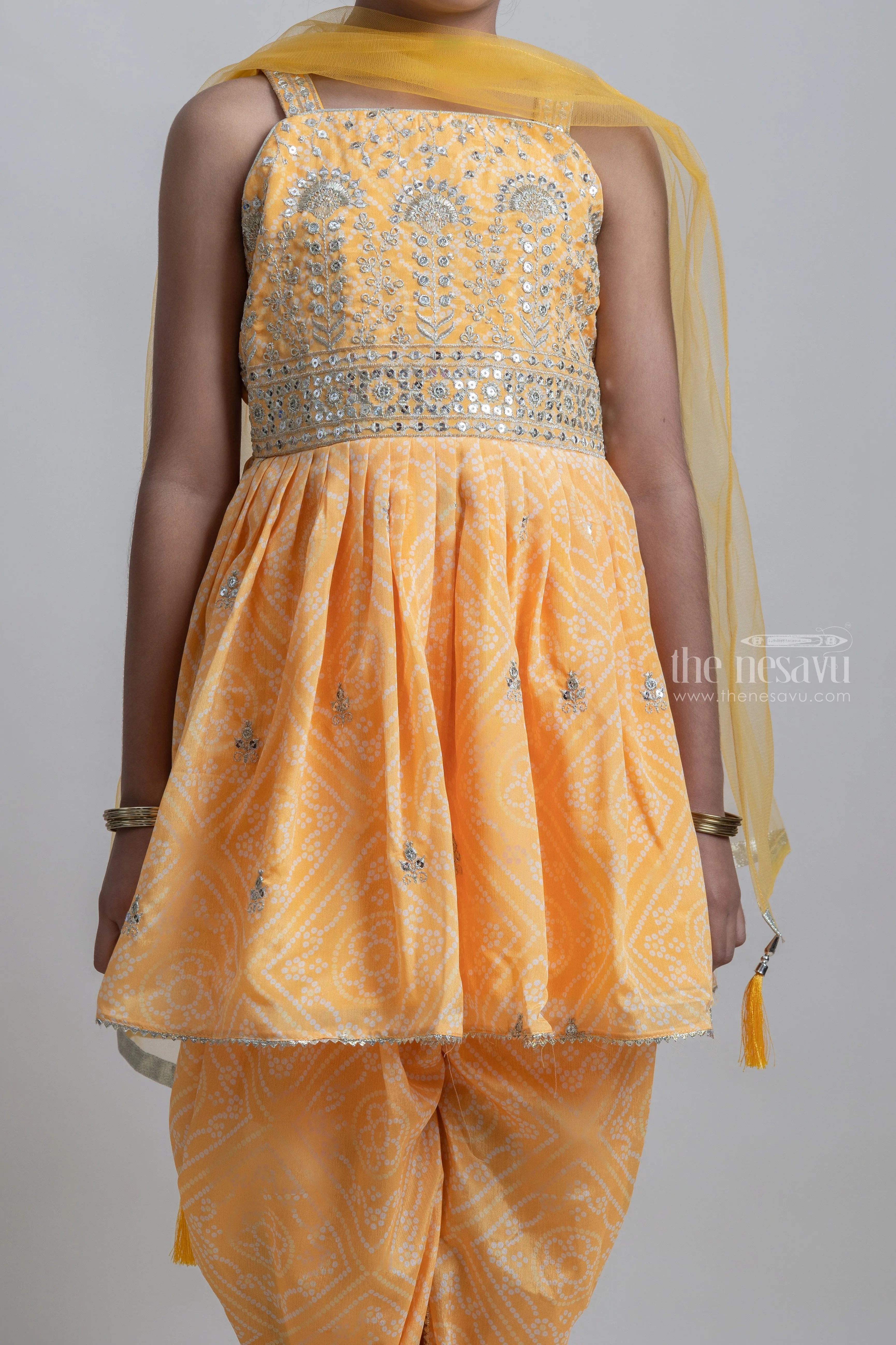 Attractive Yellow Floral Printed Sequin Embroidered Palazzo Suit For Girls