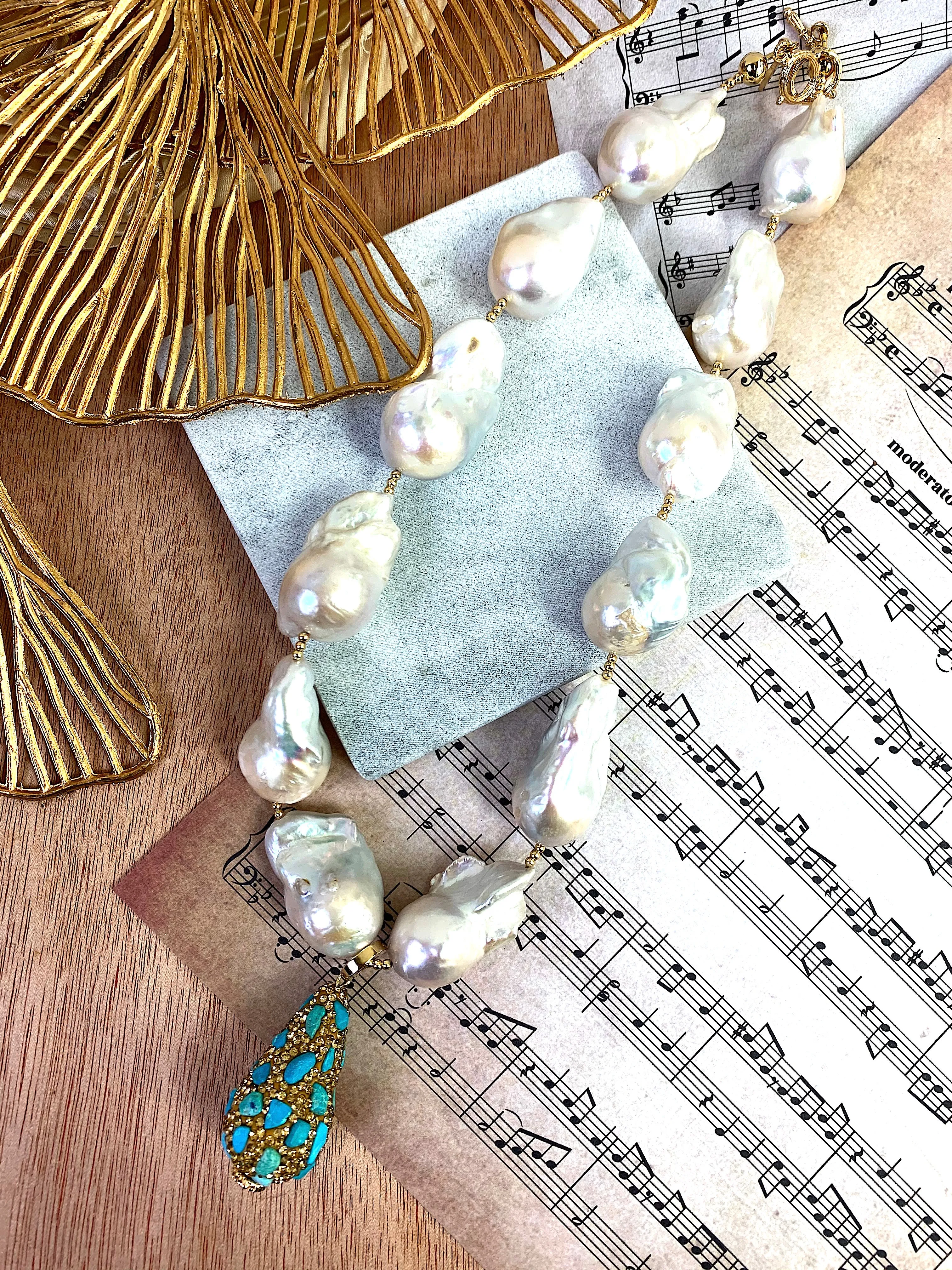 Baroque Pearls With Rhinestone Bordered Turquoise Charm Necklace EN012