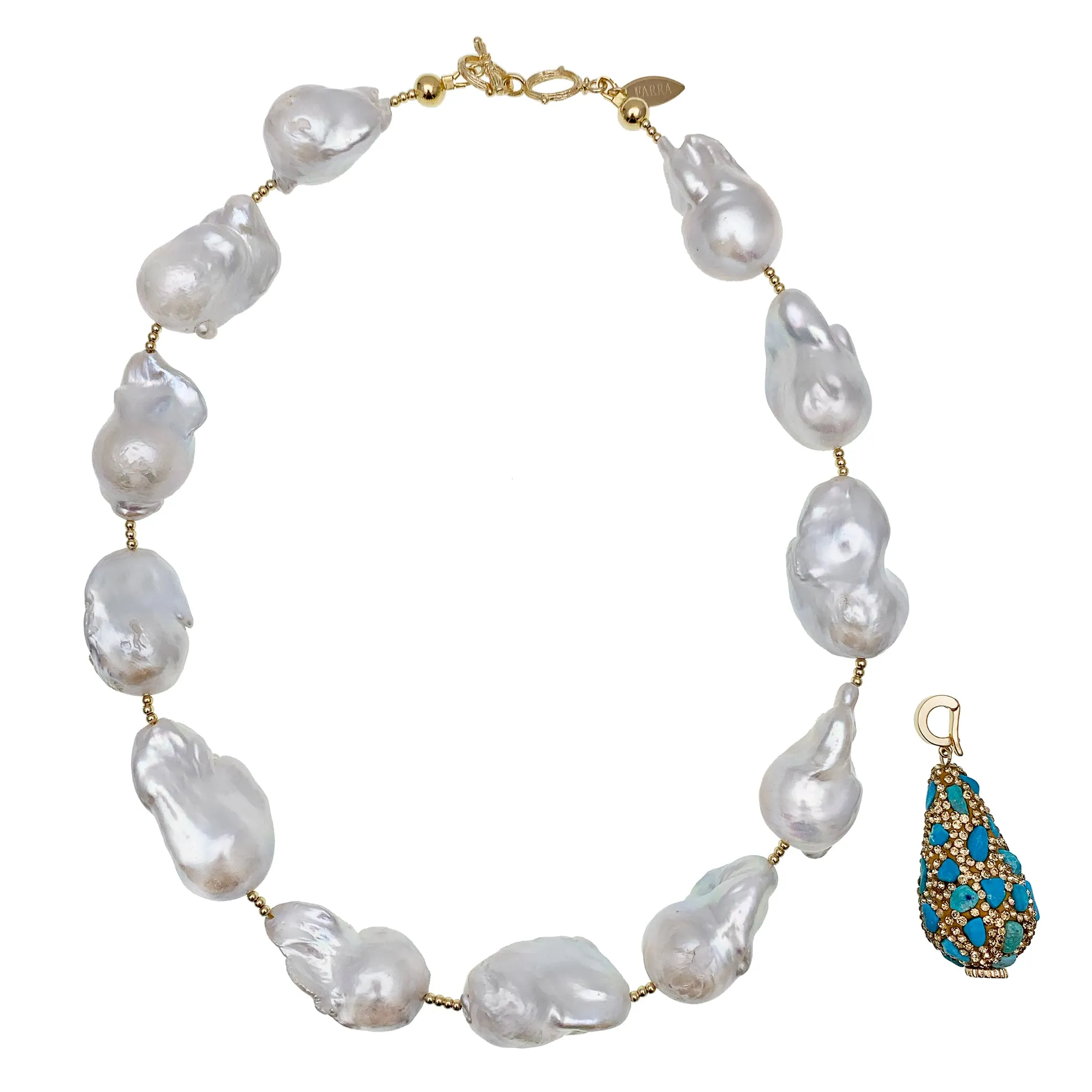 Baroque Pearls With Rhinestone Bordered Turquoise Charm Necklace EN012