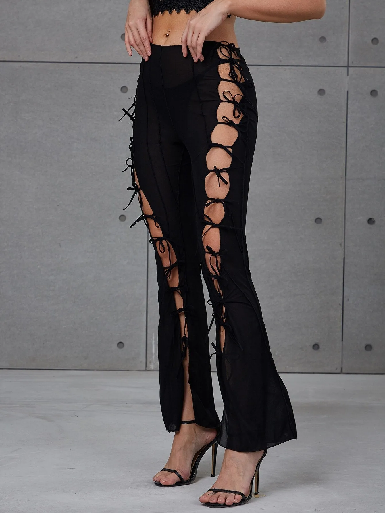 BerriesJam - 2024 Y2K Hollow Bandage Hollow Pure Color Flare Pants