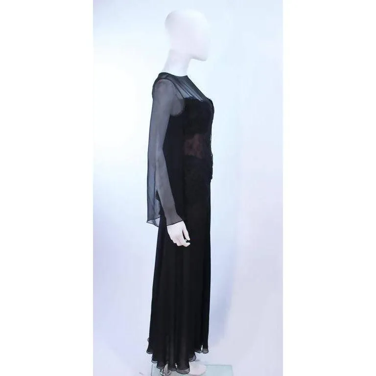 BILL BLASS Black Lace Chiffon Gown with Nude Undergarment | US 10-12