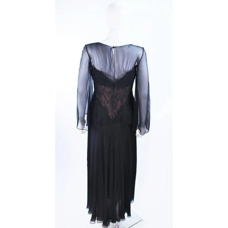 BILL BLASS Black Lace Chiffon Gown with Nude Undergarment | US 10-12