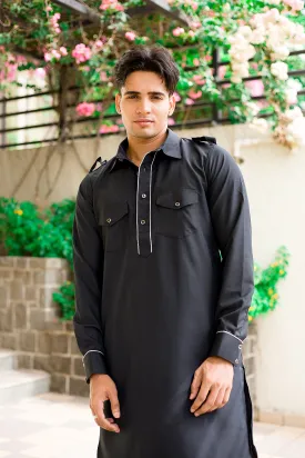 Black Collared Kurta Set