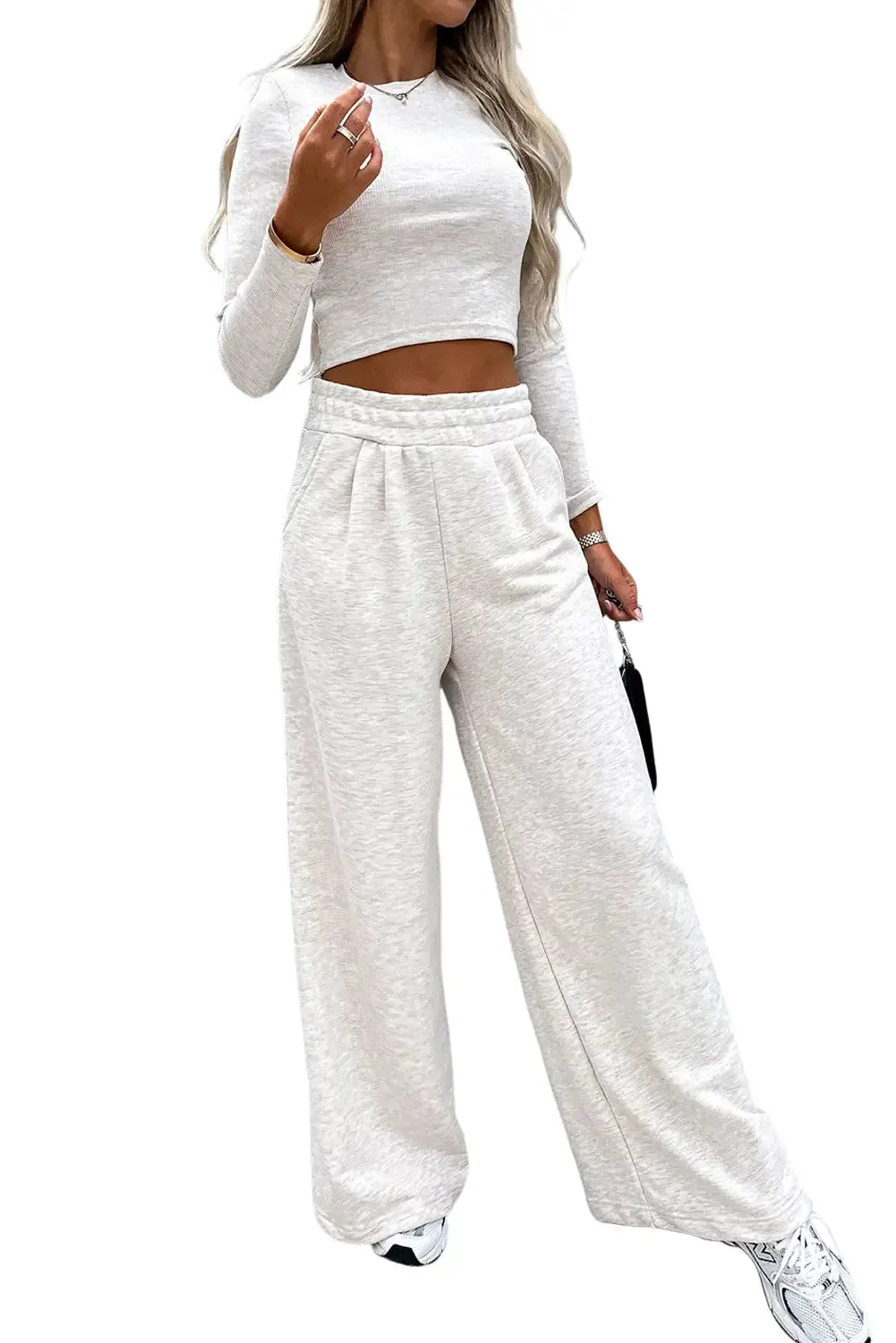 Black Crop Top and Wide Leg Pants Two Piece Set