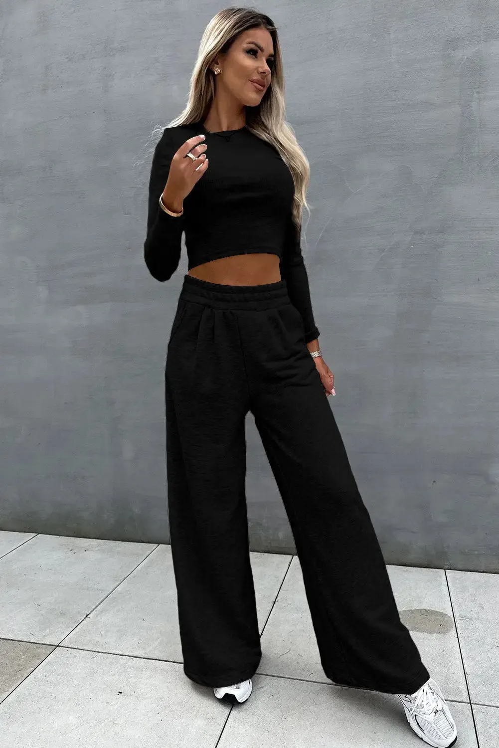 Black Crop Top and Wide Leg Pants Two Piece Set