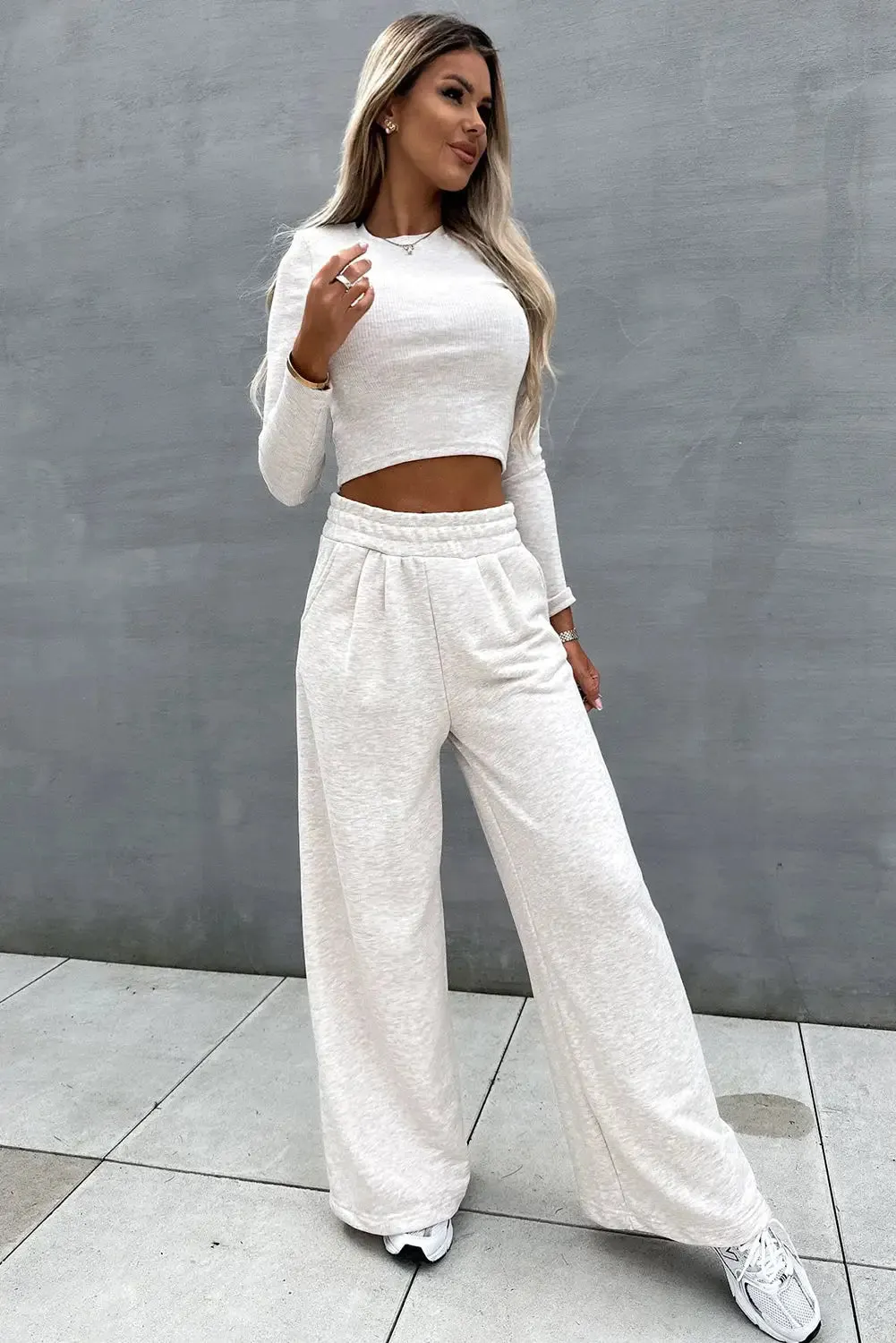 Black Crop Top and Wide Leg Pants Two Piece Set