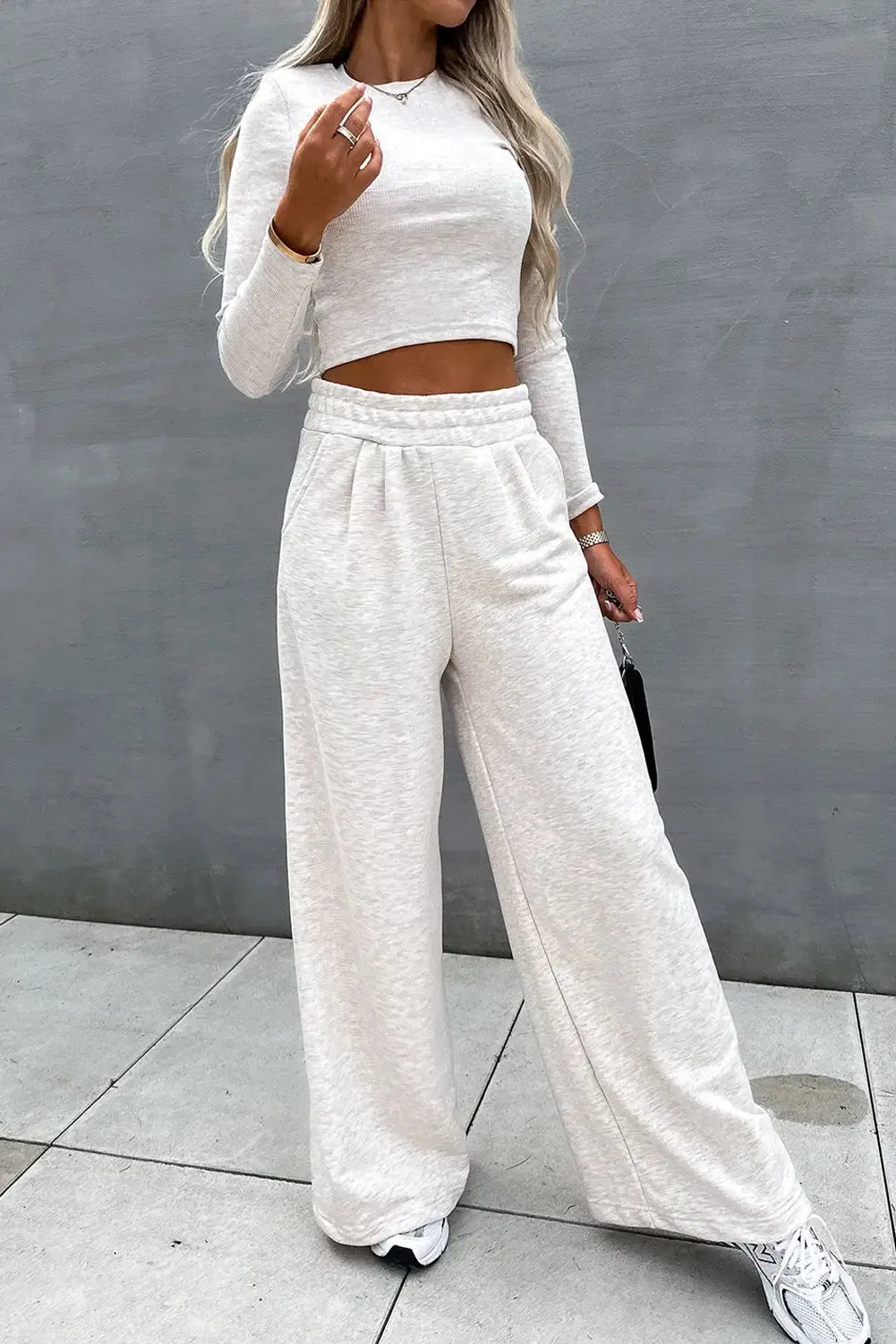 Black Crop Top and Wide Leg Pants Two Piece Set