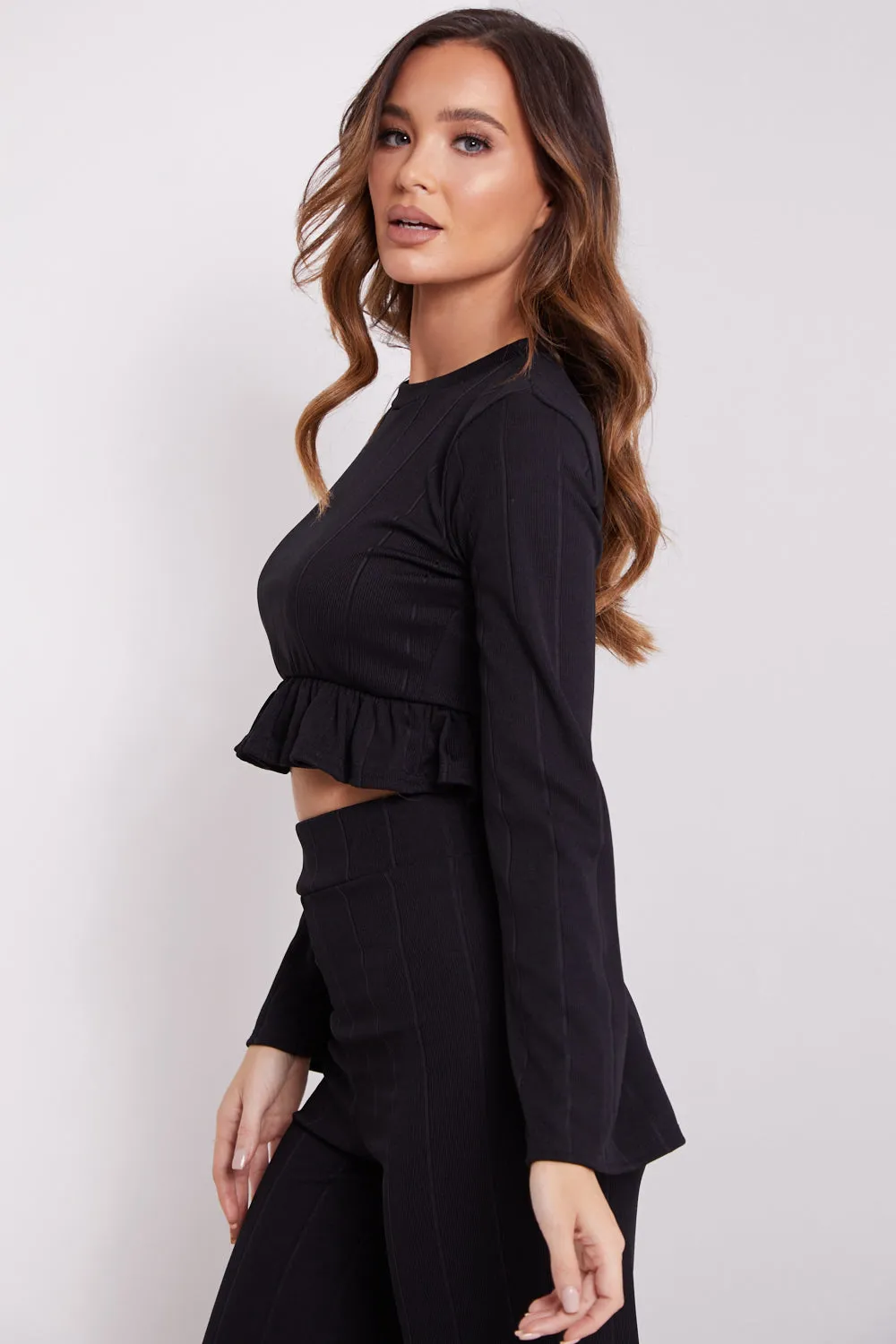 Black Frill Crop Top and Wide Leg Trousers Co-Ord