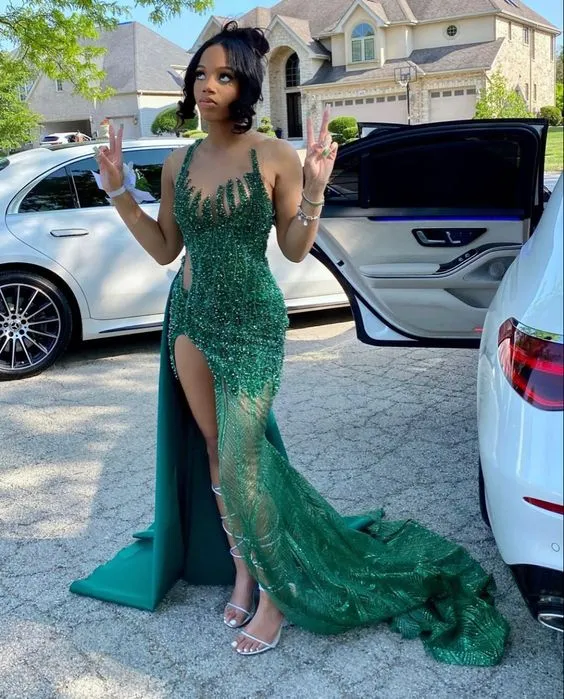 Black Girl Green Beading Long Prom Dress Party Dress With Slit,DP365