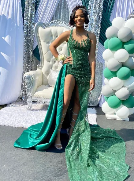 Black Girl Green Beading Long Prom Dress Party Dress With Slit,DP365