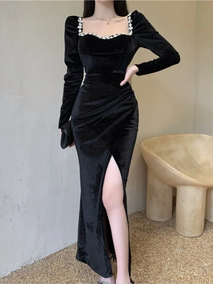 Black Long Sleeves Velvet Mermaid Slit Long Prom Dress with Beading,DP1539