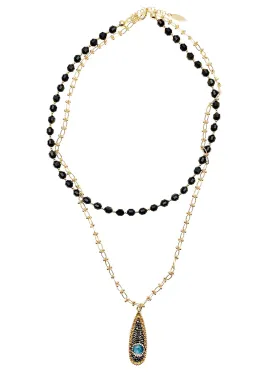 Black Obsidian and Chain With Pendant Double Layers Necklace HN036