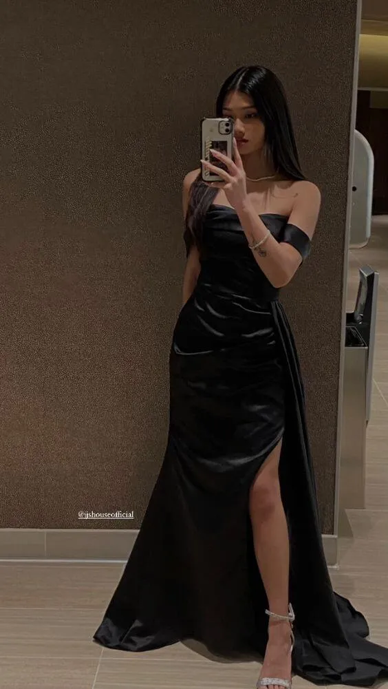 Black Off Shoulder Mermaid Simple Satin Long Prom Dress with Slit, DP2948