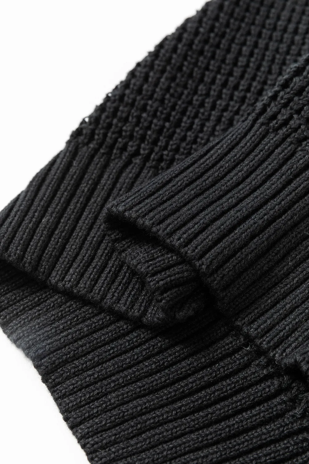 Black Pointelle Knit Button V Neck Drop Shoulder Sweater