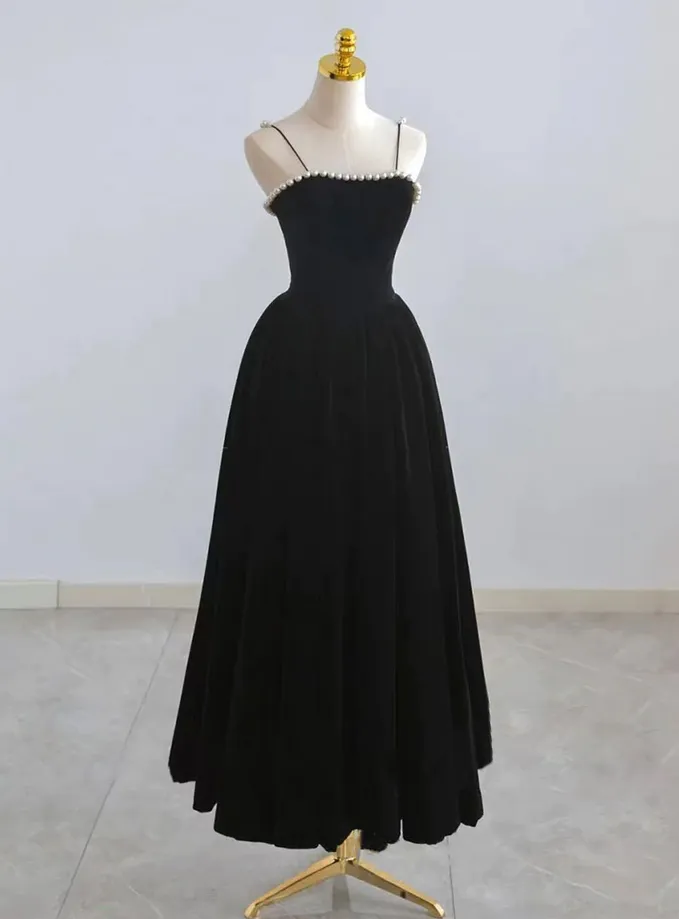 Black Velvet Tea Length Formal Prom Dress with Pearl,DP1070